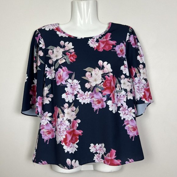 Portmans Women’s Floral Top Blouse Navy Blue & Pink Short Sleeve Spring Size 8 - Picture 3 of 12